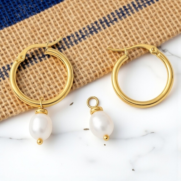 🆕️Minimalist Hoop Earrings 18K Gold Plated Stainless Steel Freshwater Pearl - Picture 14 of 14